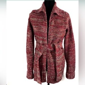 Express Red Belted Chunky Marled Knit Cardigan
